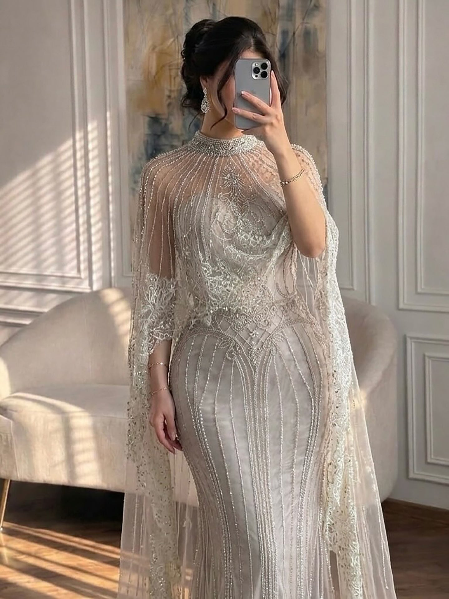 Luxury Nude Crystal Beaded High Neck Evening Dress with Long Cape LA73534 SERENE HILL