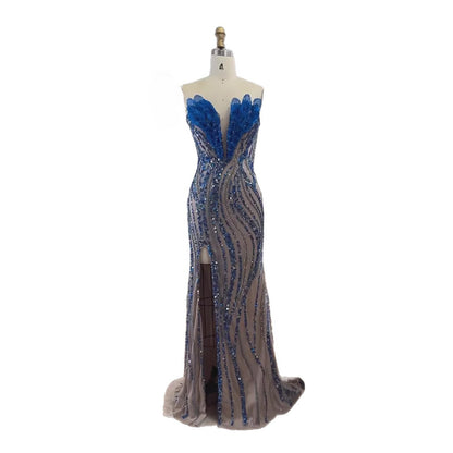 Luxury Caramel Beaded Mermaid Slit Evening Dress LA73535 - SERENE  HILL