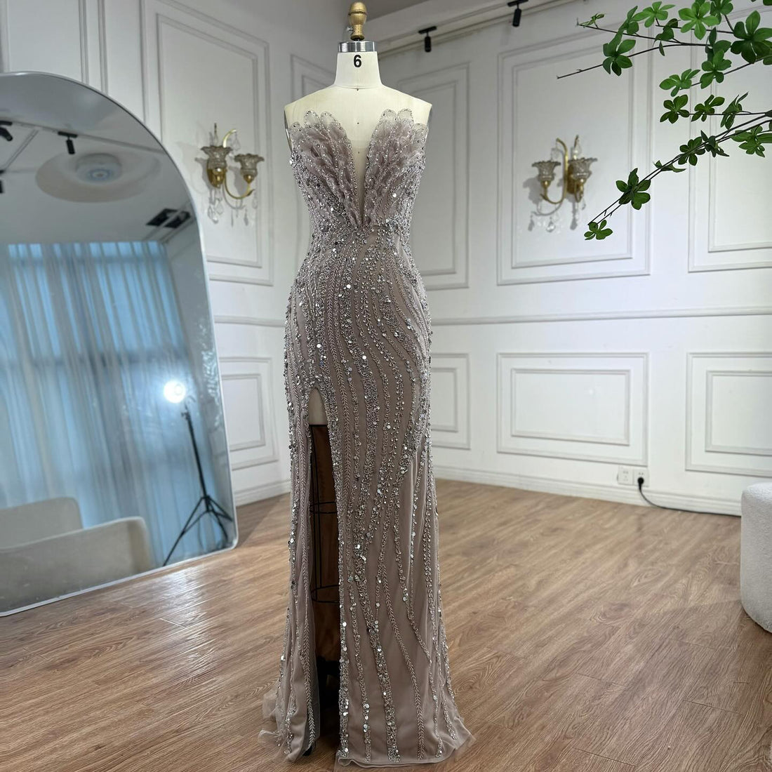 Luxury Caramel Beaded Mermaid Slit Evening Dress LA73535 - SERENE  HILL