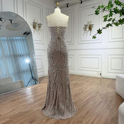 Luxury Caramel Beaded Mermaid Slit Evening Dress LA73535 - SERENE  HILL