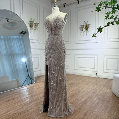 Luxury Caramel Beaded Mermaid Slit Evening Dress LA73535 - SERENE  HILL