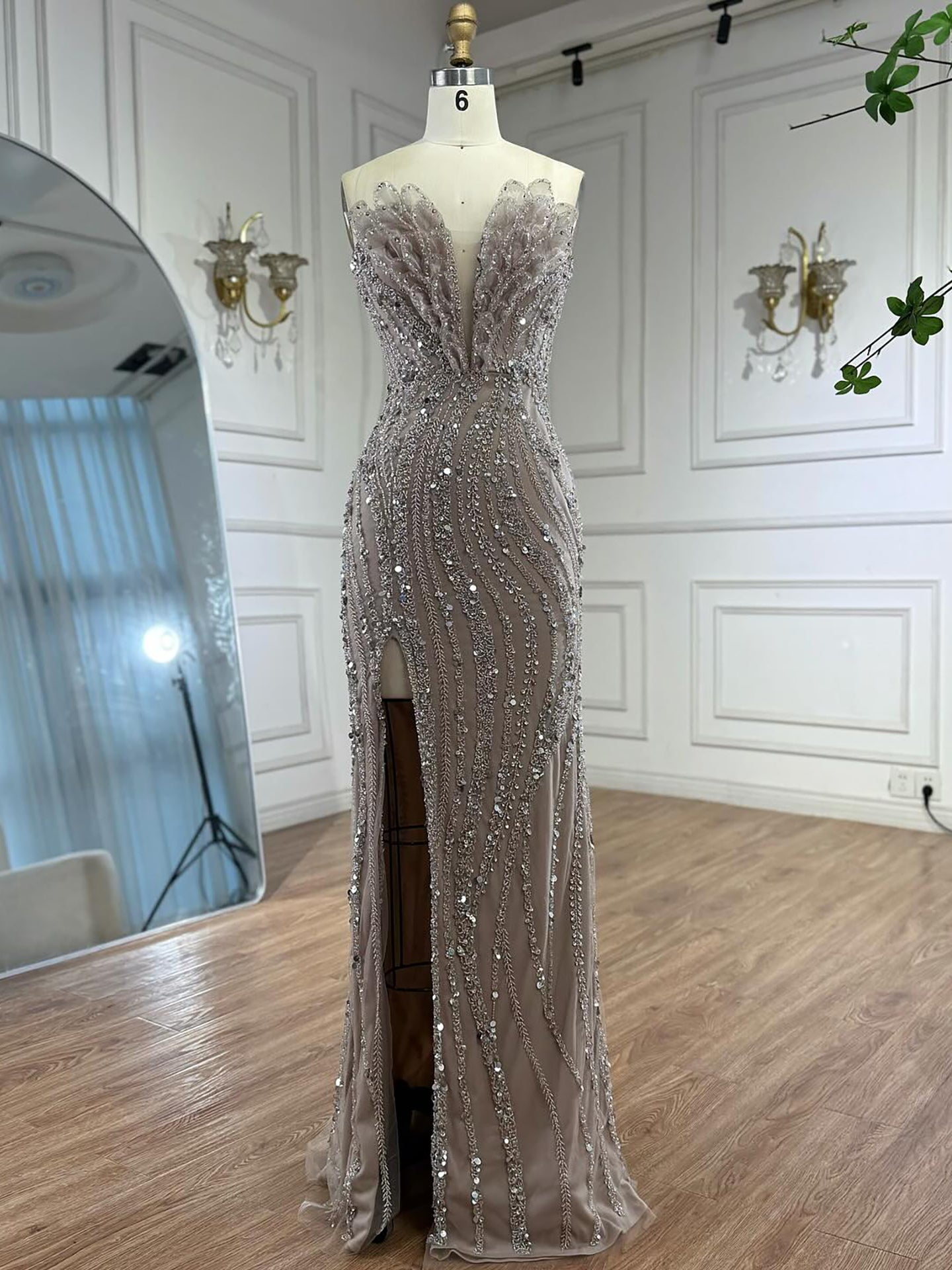 Luxury Caramel Beaded Mermaid Slit Evening Dress LA73535 - SERENE  HILL