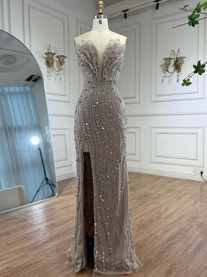 Luxury Caramel Beaded Mermaid Slit Evening Dress LA73535 - SERENE  HILL