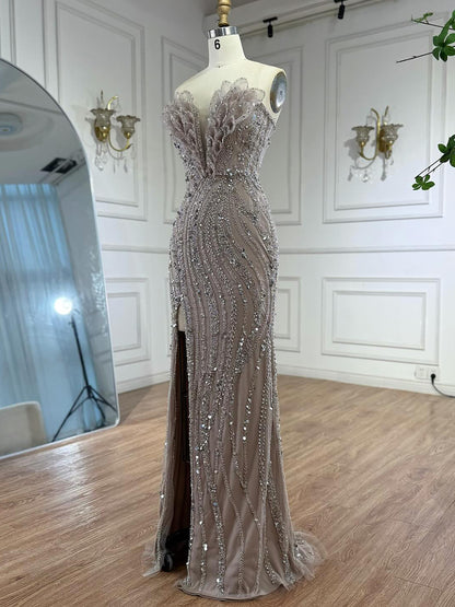 Luxury Caramel Beaded Mermaid Slit Evening Dress LA73535 - SERENE  HILL