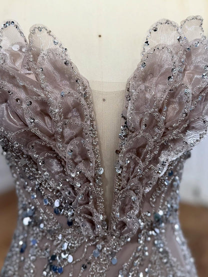 Luxury Caramel Beaded Mermaid Slit Evening Dress LA73535 - SERENE  HILL