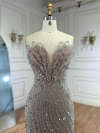 Luxury Caramel Beaded Mermaid Slit Evening Dress LA73535 - SERENE  HILL