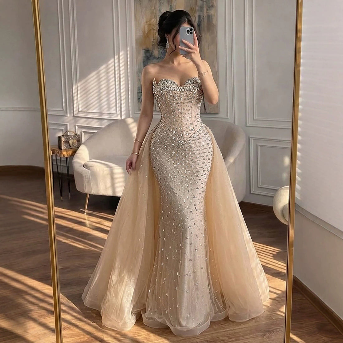 Luxury Nude Beaded Mermaid Dress with Overskirt LA73536 SERENE HILL