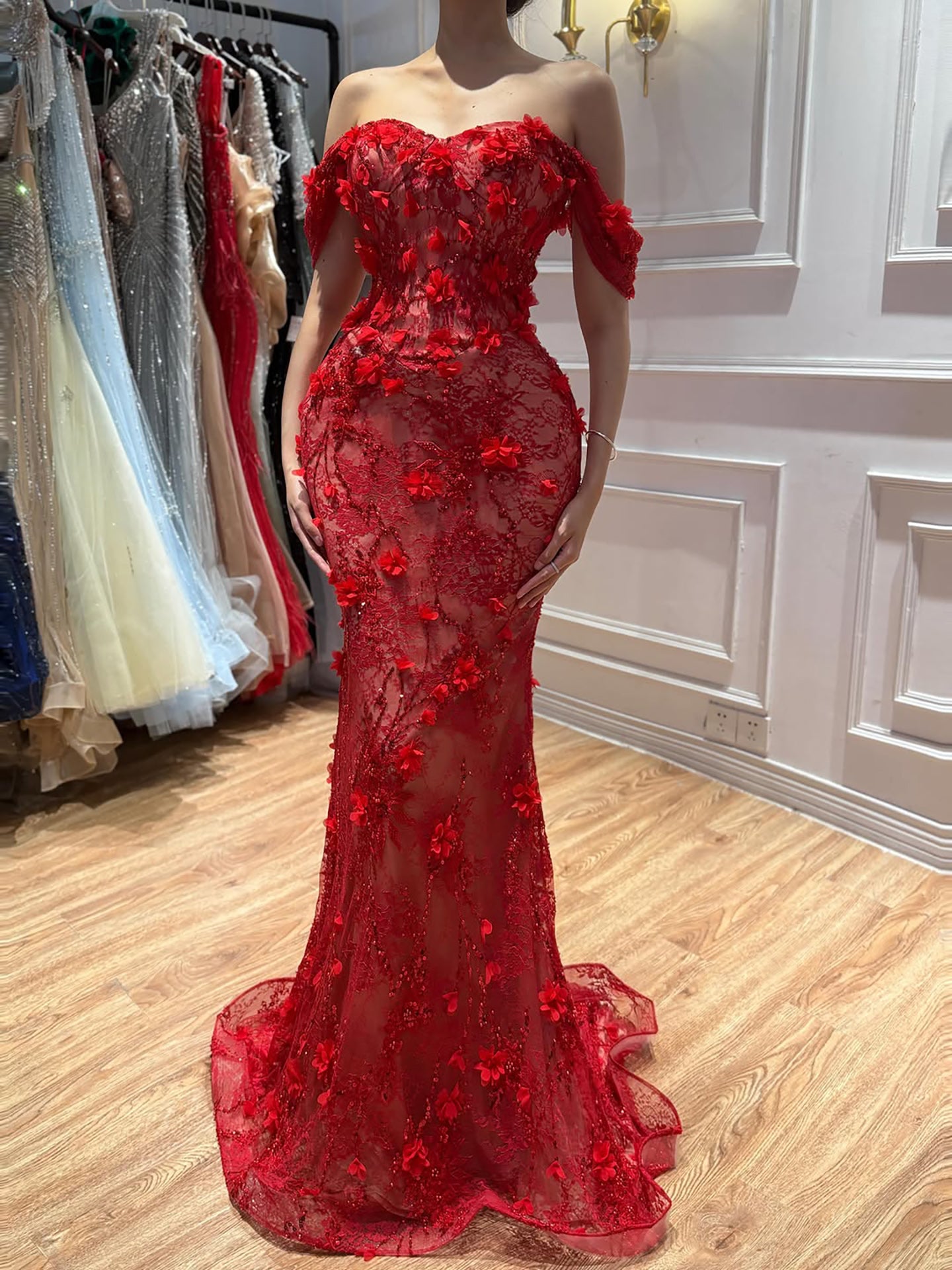 Luxury Stunning Glory Red Strapless 3D Floral Maxi Dress LA73537 SERENE HILL