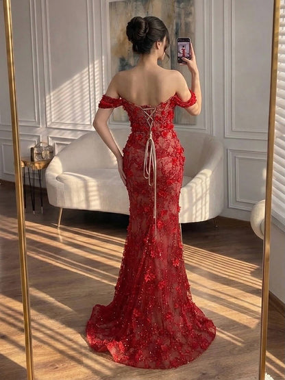 Luxury Stunning Glory Red Strapless 3D Floral Maxi Dress LA73537 SERENE HILL