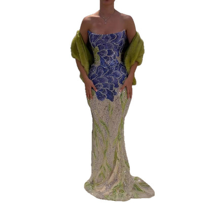 Luxury Blue Strapless Beaded Mermaid Evening Dress LA73538 - SERENE  HILL