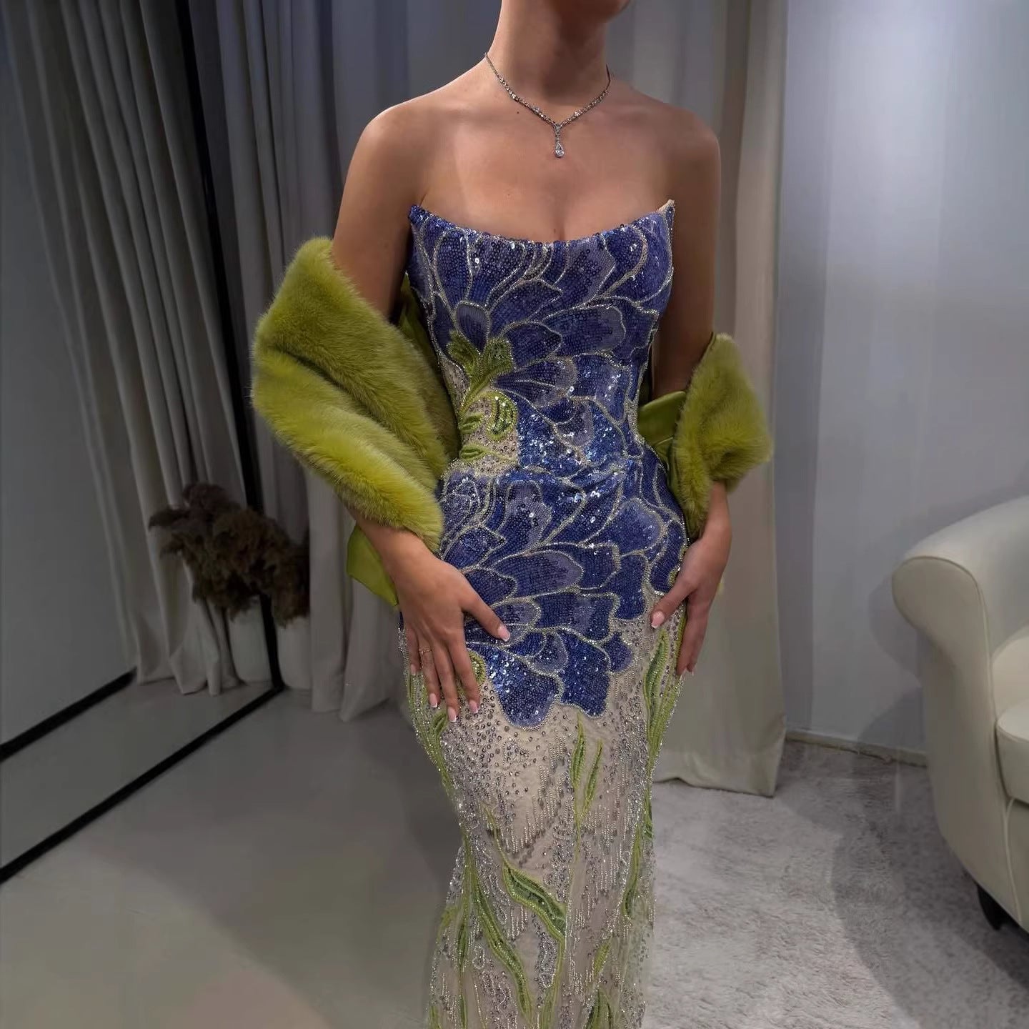 Luxury Blue Strapless Beaded Mermaid Evening Dress LA73538 - SERENE  HILL