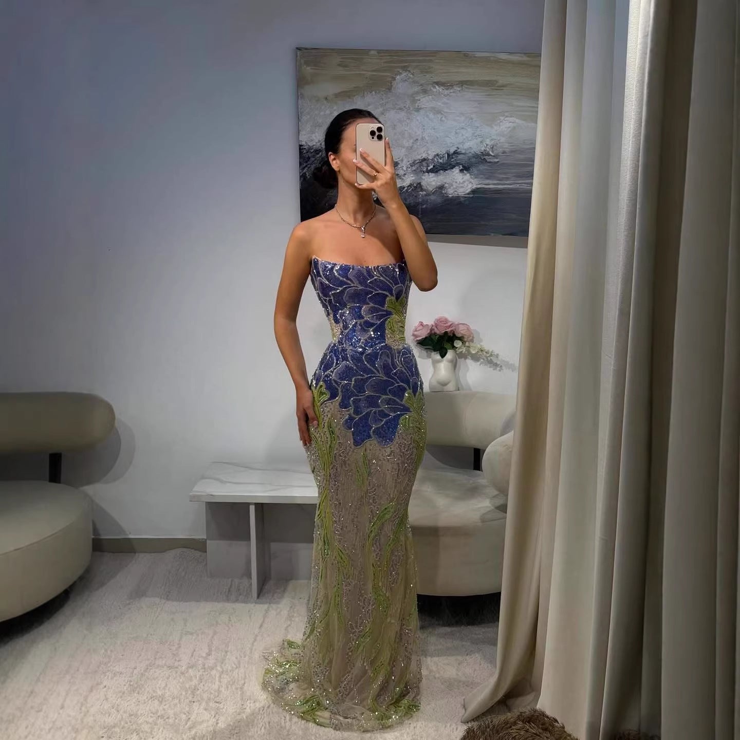 Luxury Blue Strapless Beaded Mermaid Evening Dress LA73538 - SERENE  HILL