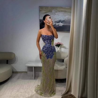 Luxury Blue Strapless Beaded Mermaid Evening Dress LA73538 - SERENE  HILL