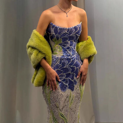 Luxury Blue Strapless Beaded Mermaid Evening Dress LA73538 - SERENE  HILL