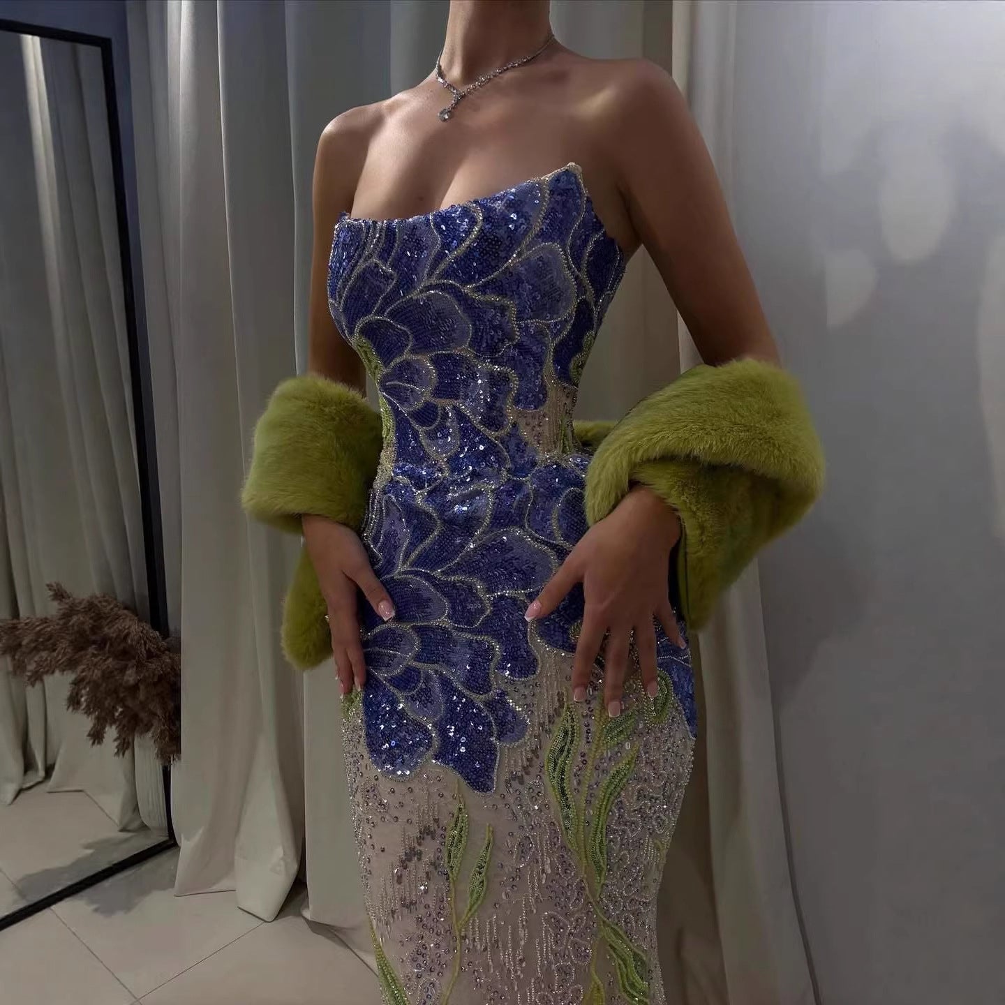 Luxury Blue Strapless Beaded Mermaid Evening Dress LA73538 - SERENE  HILL
