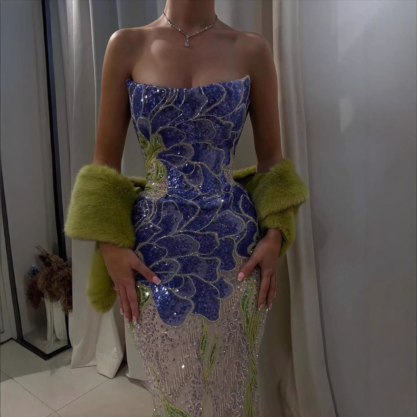 Luxury Blue Strapless Beaded Mermaid Evening Dress LA73538 - SERENE  HILL