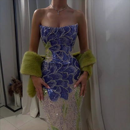 Luxury Blue Strapless Beaded Mermaid Evening Dress LA73538 - SERENE  HILL