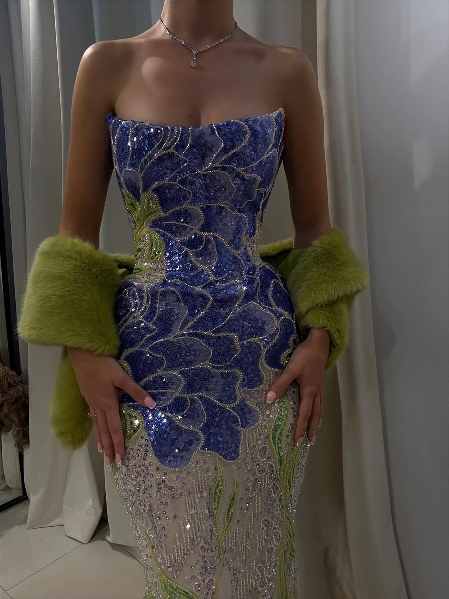 Luxury Blue Strapless Beaded Mermaid Evening Dress LA73538 - SERENE  HILL
