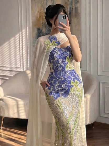 Luxury Purple Flower Evening Dress with Scarf LA73538A SERENE HILL
