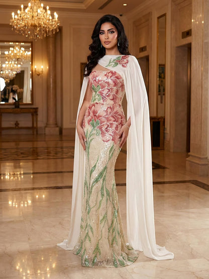 Luxury Purple Flower Evening Prom Dress with Scarf LA73538A - SERENE  HILL