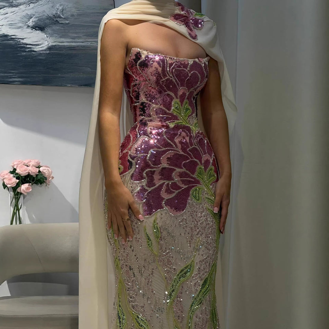 Luxury Purple Flower Evening Prom Dress with Scarf LA73538A - SERENE  HILL