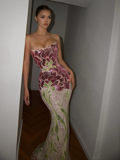 Luxury Purple Flower Evening Prom Dress with Scarf LA73538A - SERENE  HILL