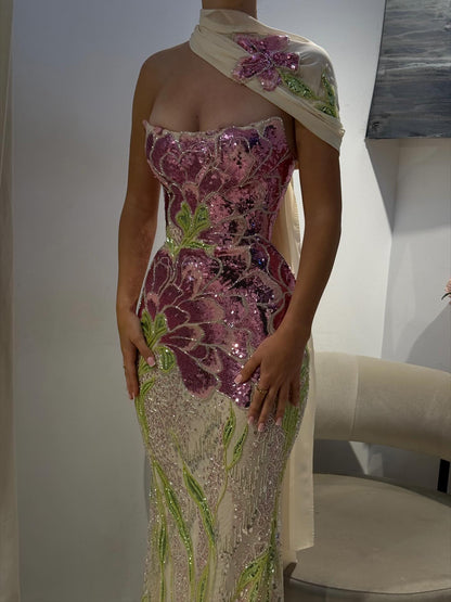 Luxury Purple Flower Evening Prom Dress with Scarf LA73538A - SERENE  HILL