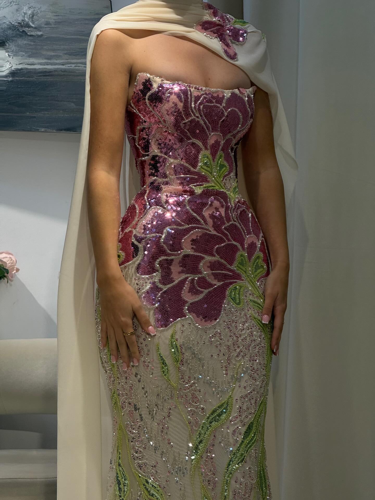 Luxury Purple Flower Evening Prom Dress with Scarf LA73538A - SERENE  HILL