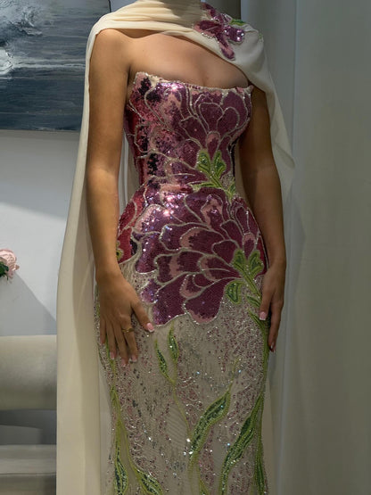 Luxury Purple Flower Evening Prom Dress with Scarf LA73538A - SERENE  HILL