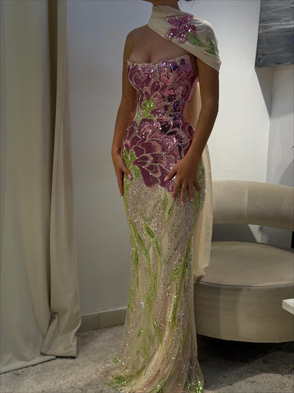 Luxury Purple Flower Evening Prom Dress with Scarf LA73538A - SERENE  HILL