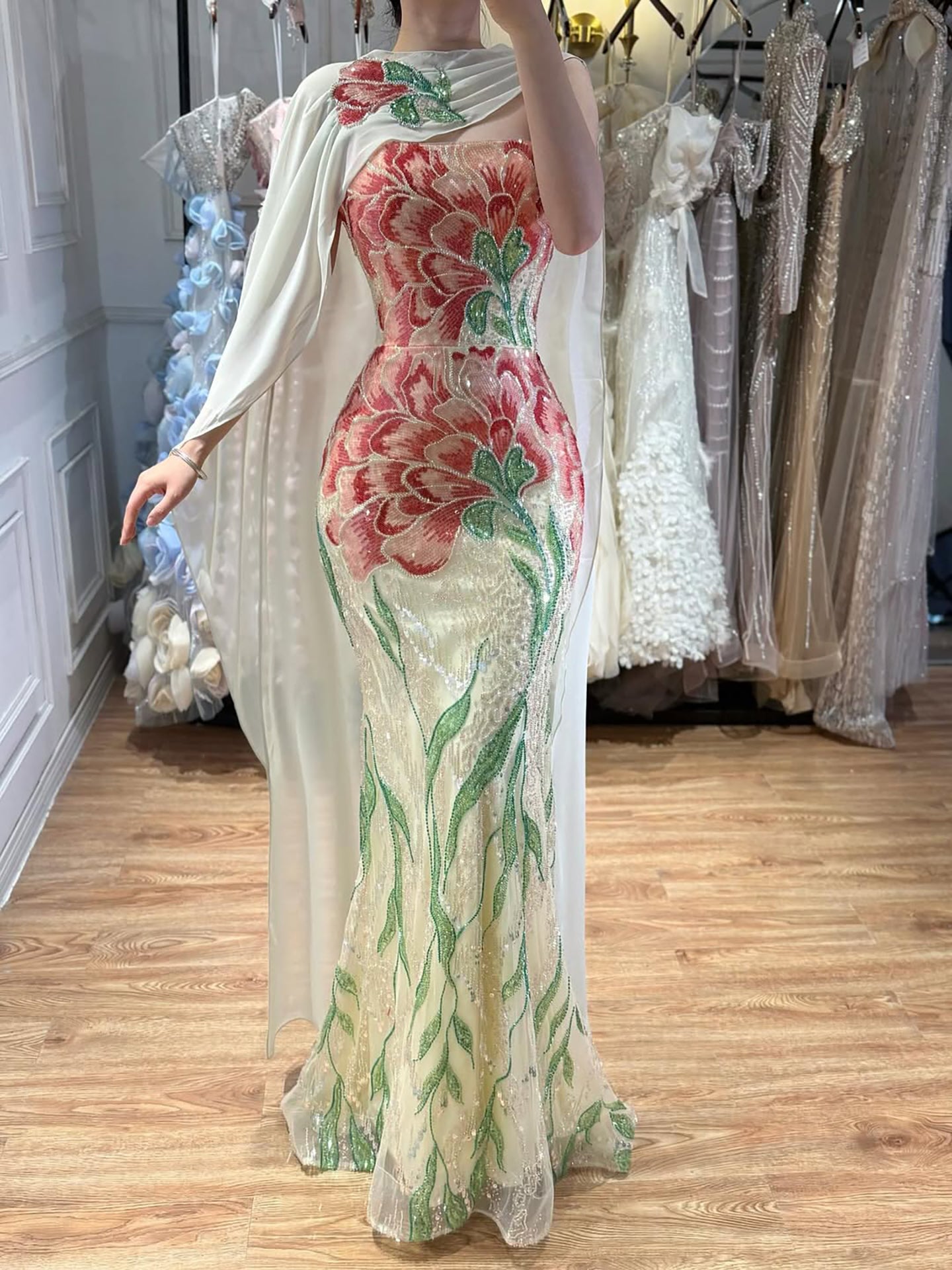 Luxury Purple Flower Evening Prom Dress with Scarf LA73538A - SERENE  HILL