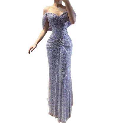 Luxury Purple Crystal Beaded Mermaid Evening Dress with Sleeves LA73539 - SERENE  HILL
