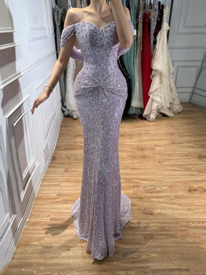Luxury Purple Crystal Beaded Mermaid Evening Dress with Sleeves LA73539 SERENE HILL