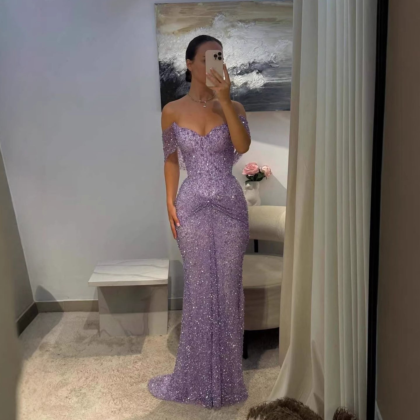 Luxury Purple Crystal Beaded Mermaid Evening Dress with Sleeves LA73539 - SERENE  HILL