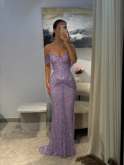 Luxury Purple Crystal Beaded Mermaid Evening Dress with Sleeves LA73539 - SERENE  HILL