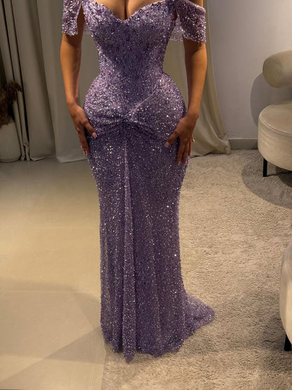 Luxury Purple Crystal Beaded Mermaid Evening Dress with Sleeves LA73539 - SERENE  HILL