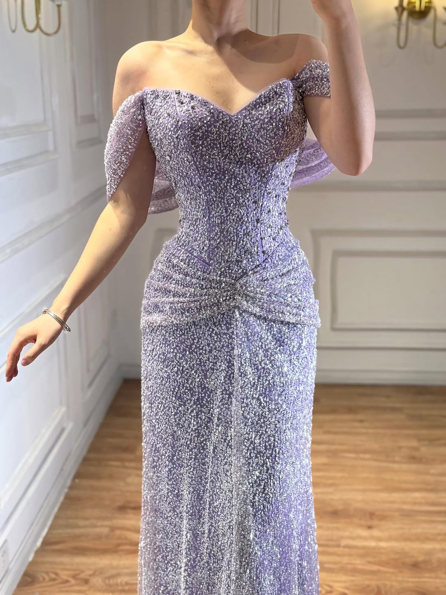 Luxury Purple Crystal Beaded Mermaid Evening Dress with Sleeves LA73539 - SERENE  HILL