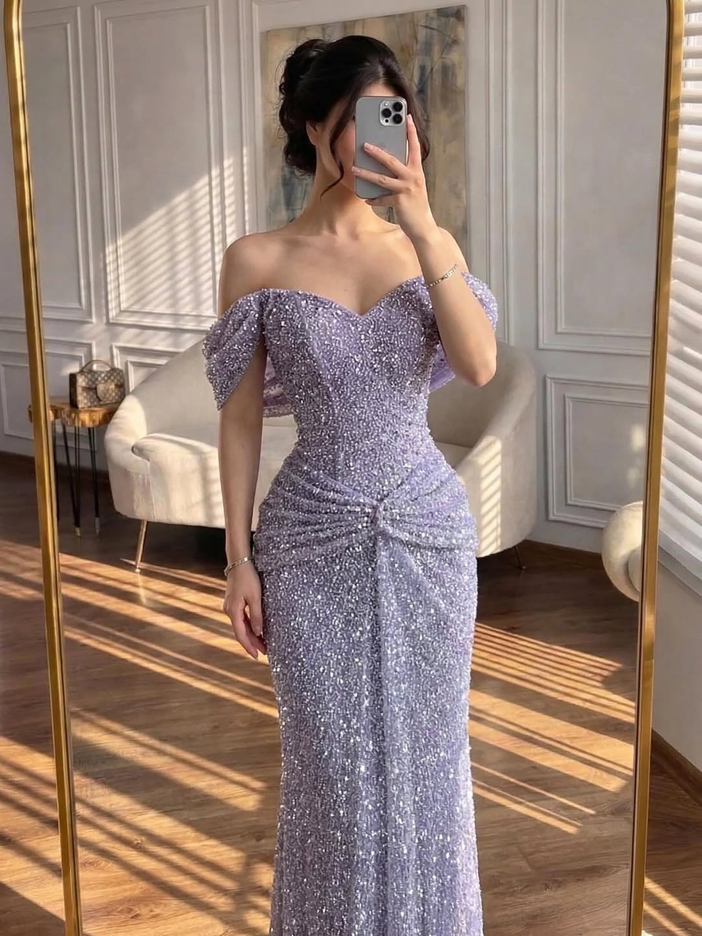 Luxury Purple Crystal Beaded Mermaid Evening Dress with Sleeves LA73539 - SERENE  HILL