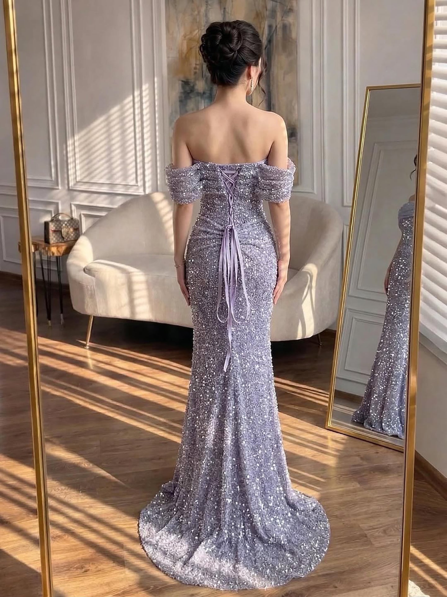 Luxury Purple Crystal Beaded Mermaid Evening Dress with Sleeves LA73539 - SERENE  HILL