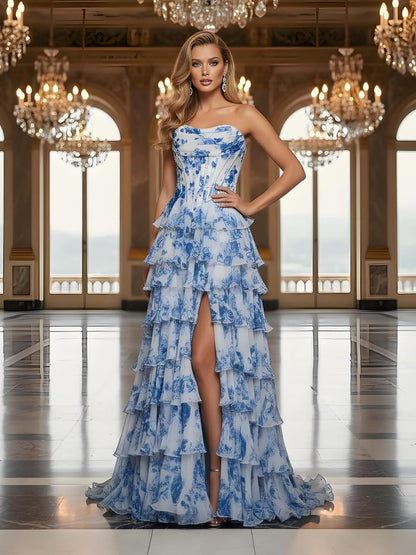 Luxury Pink Floral Print Corset Ruffle A-Line Prom Dress LA73541