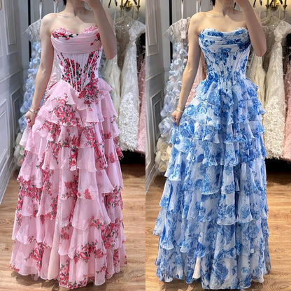 Luxury Pink Floral Print Corset Ruffle A-Line Prom Dress LA73541
