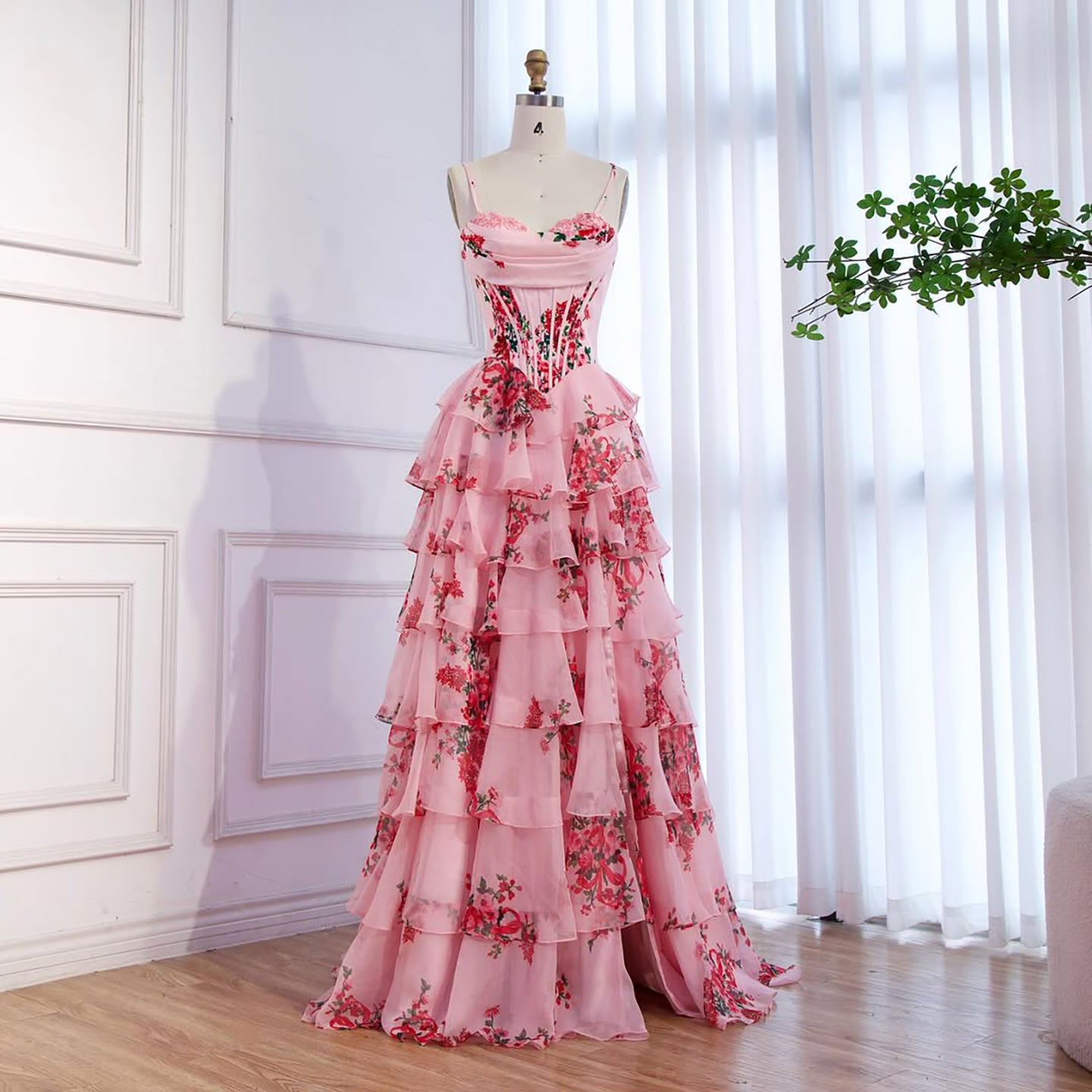 Luxury Pink Floral Print Corset Ruffle A-Line Prom Dress LA73541