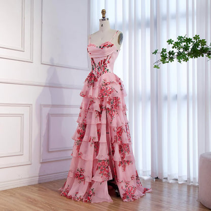 Luxury Pink Floral Print Corset Ruffle A-Line Prom Dress LA73541