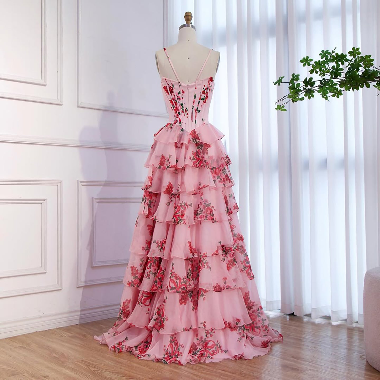 Luxury Pink Floral Print Corset Ruffle A-Line Prom Dress LA73541