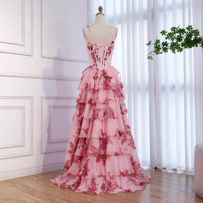 Luxury Pink Floral Print Corset Ruffle A-Line Prom Dress LA73541