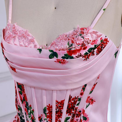 Luxury Pink Floral Print Corset Ruffle A-Line Prom Dress LA73541