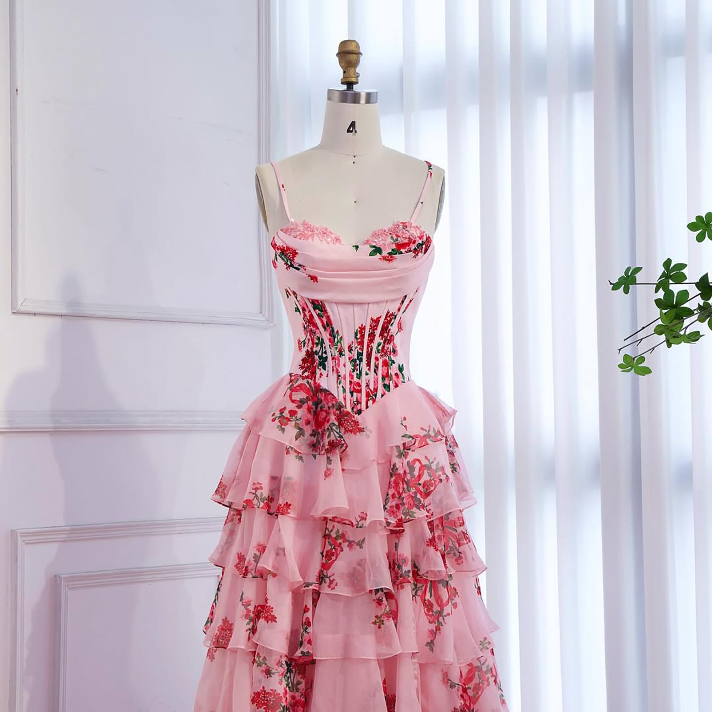 Luxury Pink Floral Print Corset Ruffle A-Line Prom Dress LA73541