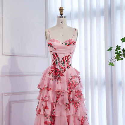 Luxury Pink Floral Print Corset Ruffle A-Line Prom Dress LA73541
