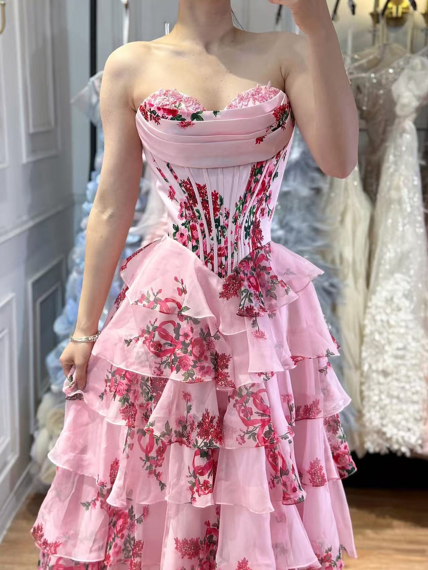 Luxury Pink Floral Print Corset Ruffle A-Line Prom Dress LA73541