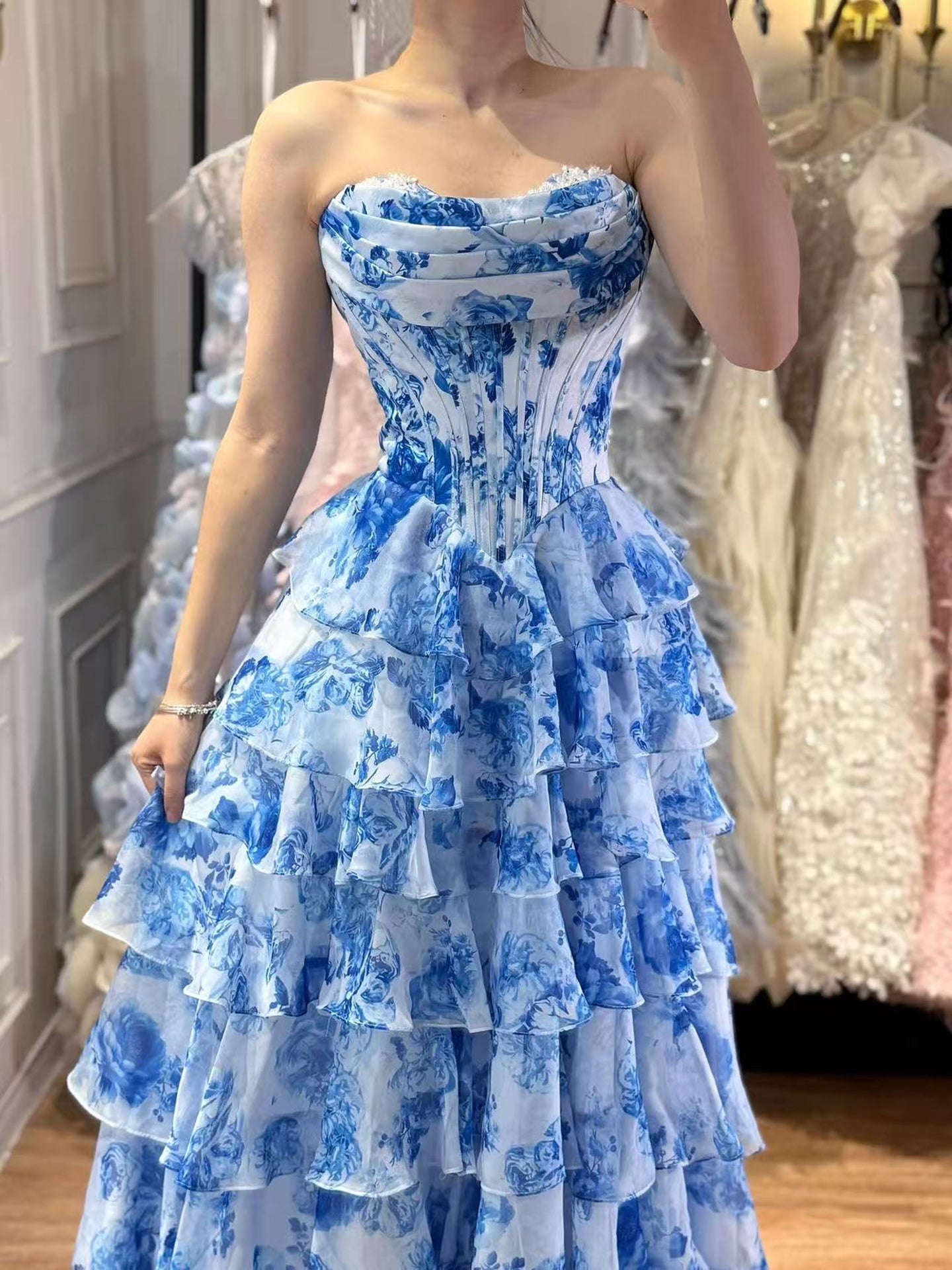 Luxury Pink Floral Print Corset Ruffle A-Line Prom Dress LA73541